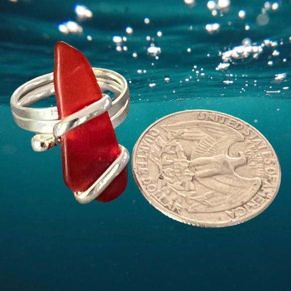 Red and Carolina Blue Pompano Beach Glass Freeform  Adjustable Ring - Picture 2 of 5